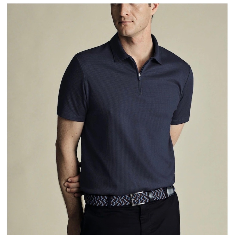Charles Tyrwhitt Mens Performance Polo Shirt Airforce Blue Textured Zip Large